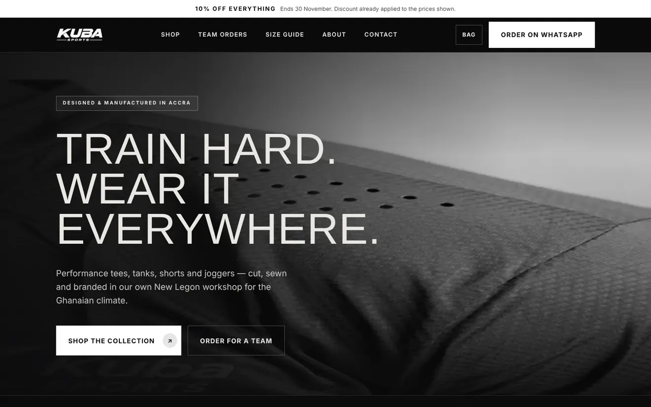 The KUBA Sports home page, headline Train hard. Wear it everywhere.
