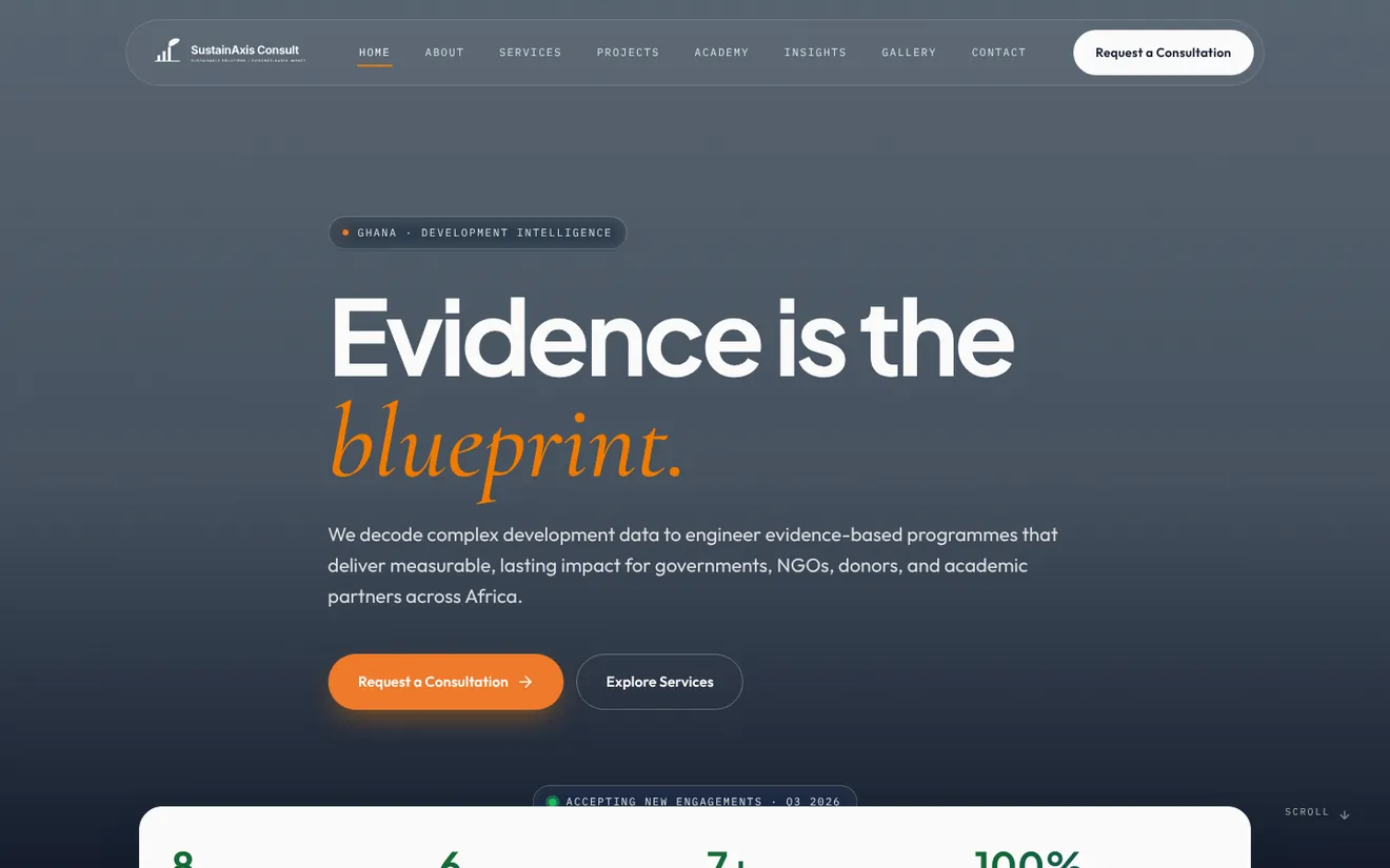 The SustainAxis Consult home page, headline Evidence is the blueprint.